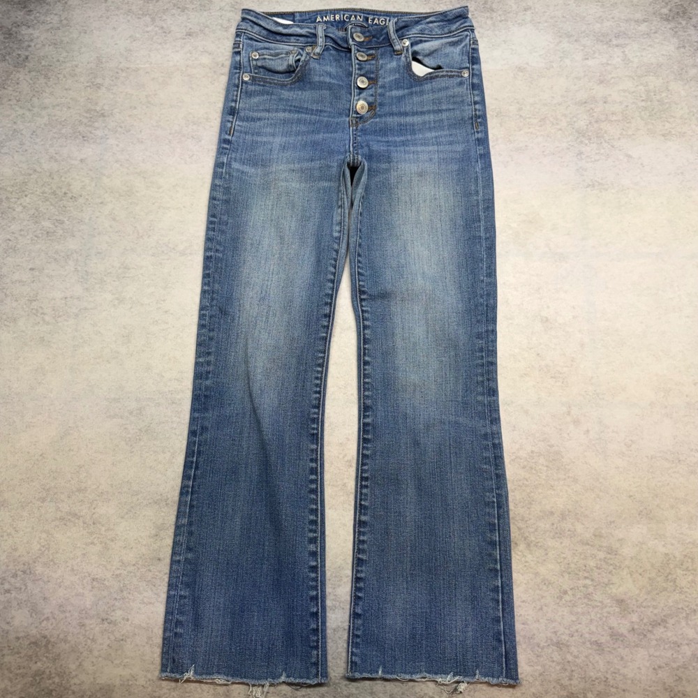 American Eagle Hi Rise Crop‎ Flare Womens 0 Short Blue Button Fly Raw Hem Jeans